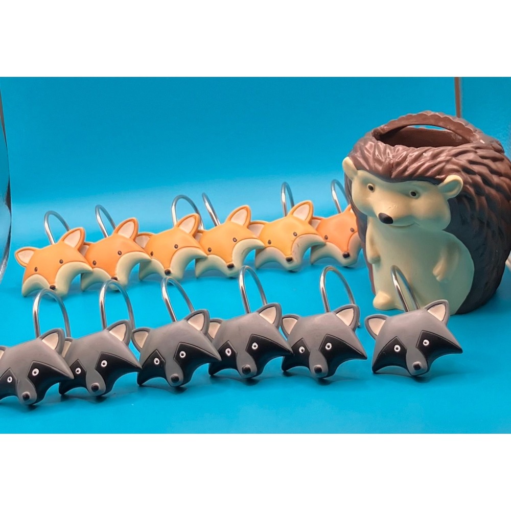 Kids Shower Curtain Hooks & Toothbrush Holder Set Multi Woodland Animals